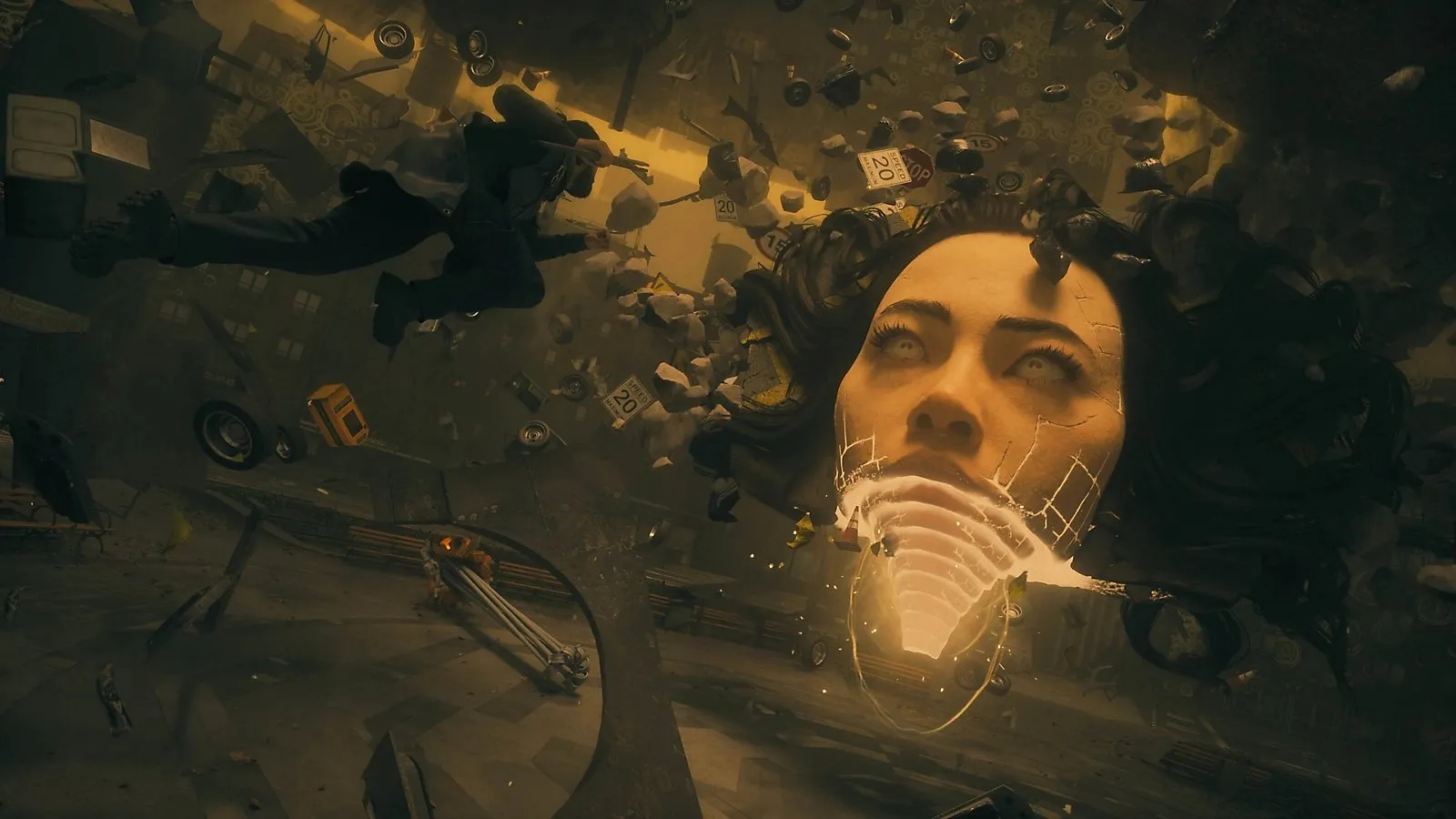 Official CONTROL Resonant screenshot of a giant fragmented face Resonant surrounded by floating city debris