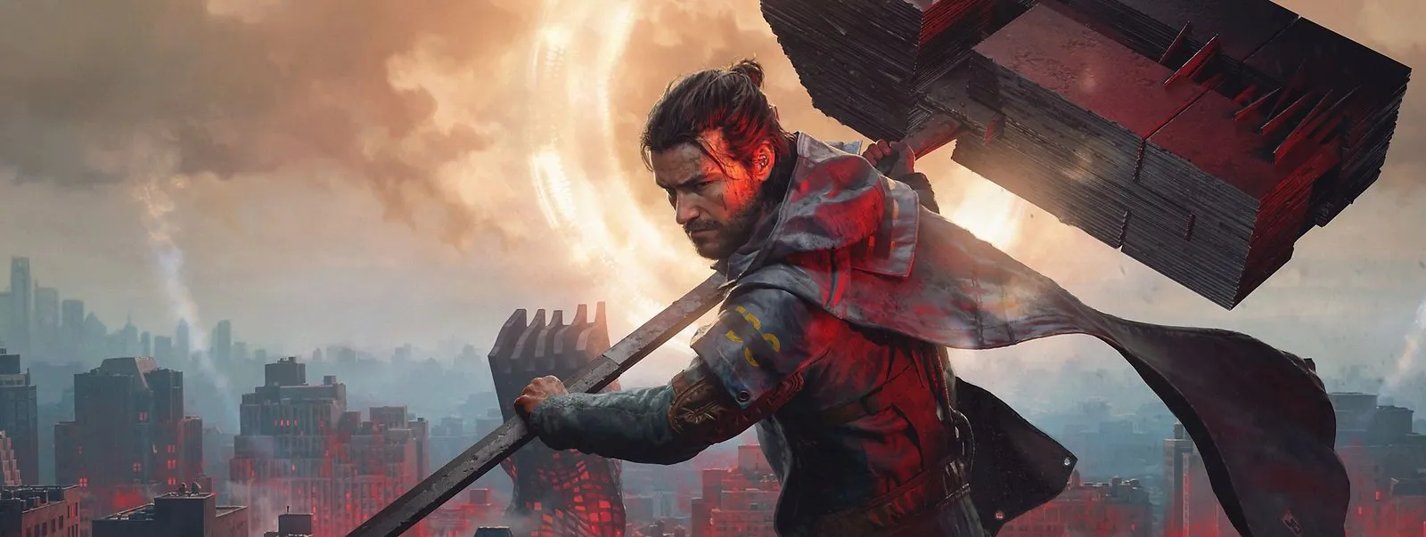 Official CONTROL Resonant key art of Dylan Faden wielding the shapeshifting hammer