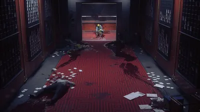 Captura oficial de CONTROL Resonant con un largo pasillo de alfombra roja y estanterías