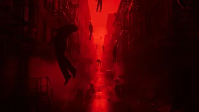 Arte oficial de la tienda de CONTROL Resonant con un pasillo rojo y deformado en Manhattan