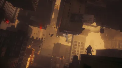 Captura oficial de CONTROL Resonant con el horizonte deformado de Manhattan y edificios invertidos