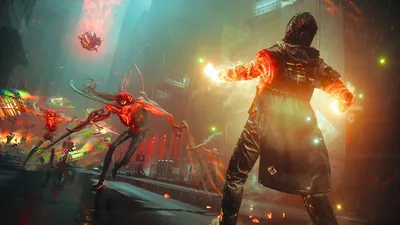 Captura oficial de CONTROL Resonant con Dylan disparando energía paranatural a enemigos arácnidos rojos