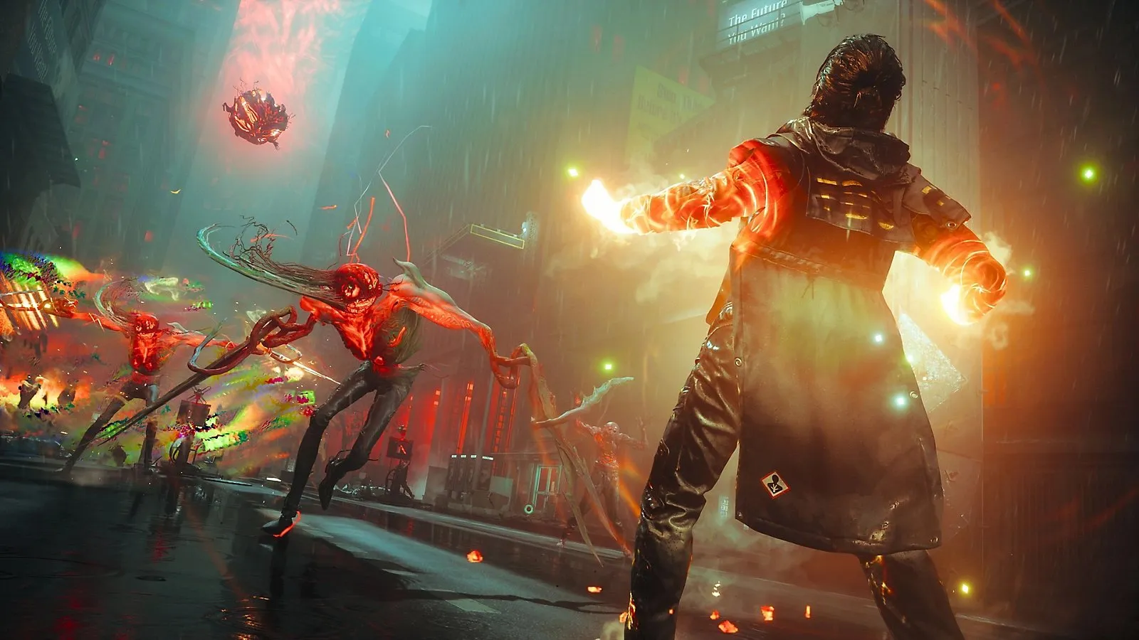 Official CONTROL Resonant screenshot of Dylan firing paranatural energy at red spider-like enemies